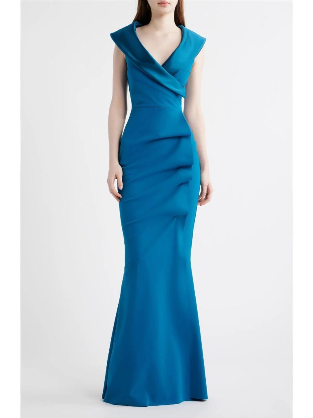 🆕CHIARA BONI Fiy Satin Trim Mermaid Gown Dress 8 Teal Blue